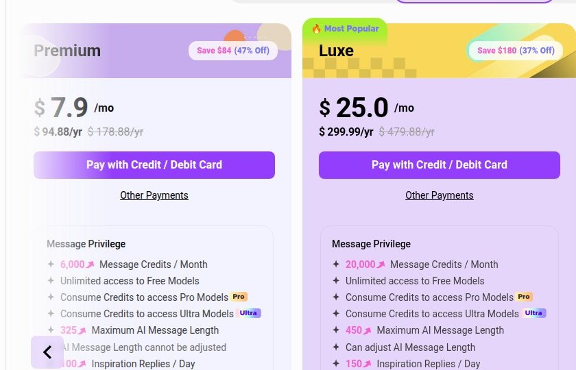 Tarjetas Premium y Luxe de la página de precios de CrushOn AI con sus listas de ventajas